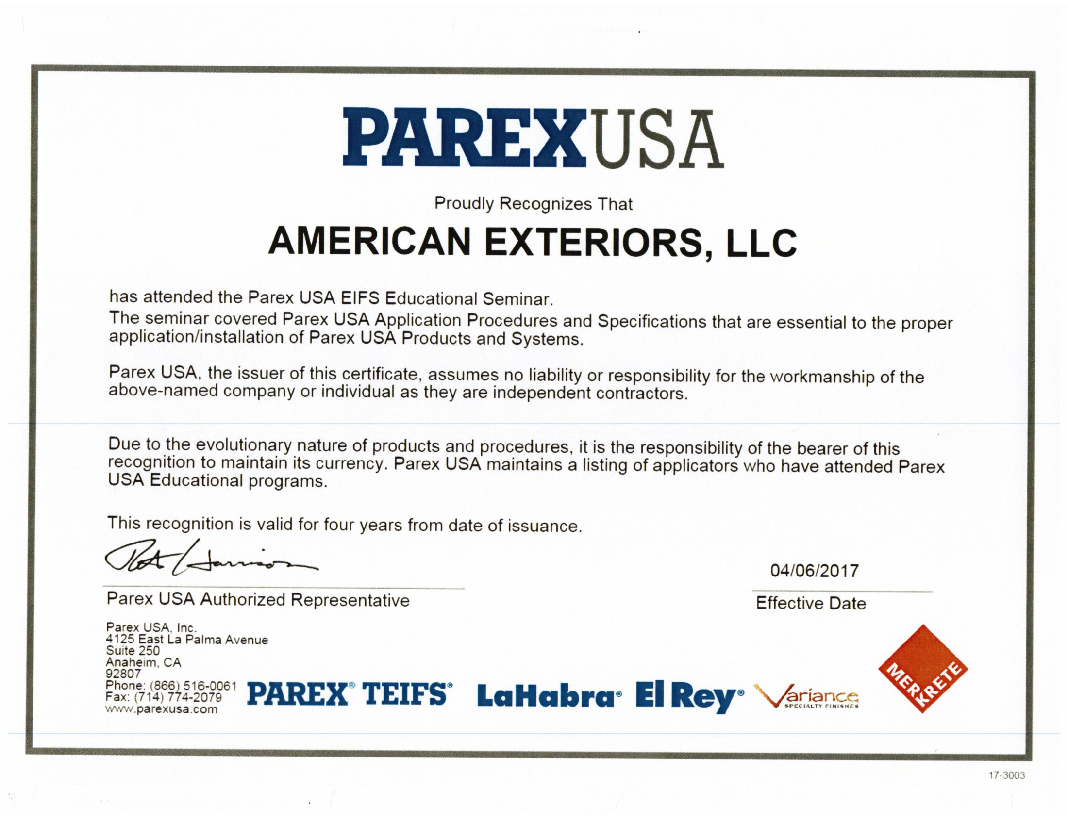Certified Parex Installer
